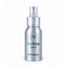 Load image into Gallery viewer, A 60ml Car Fragrance Spray bottle in brushed metallic silver to fit seamlessly into your vehicle interior.  The label features the brand logo 'AV' in a square, followed by 'AirVive London' in blue and black, and 'Car Fragrance' at the bottom.
