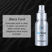 Load image into Gallery viewer, AirVive London Black Ford car fragrance in a brushed silver spray bottle, shown next to a gray text card describing the scent as a warm blend of black orchid, spicy bergamot, lotus wood, and amber, set against a dark textured background.